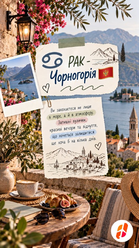 Рак — Чорногорія. Ви закохаєтеся не лише в море, а й в атмосферу. Затишні вулички, красиві вечори та відчуття, що хочеться залишитися ще хоча б на кілька днів.