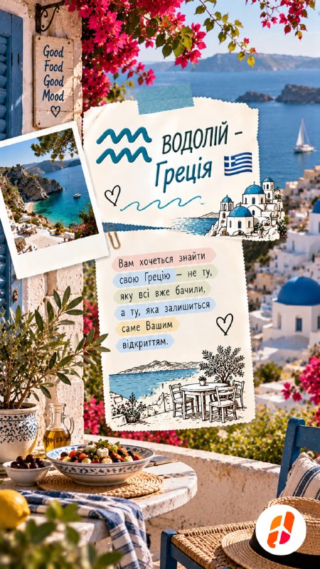 Водолій — Греція. Вам хочеться знайти свою Грецію — не ту, яку всі вже бачили, а ту, яка залишиться саме вашим відкриттям.