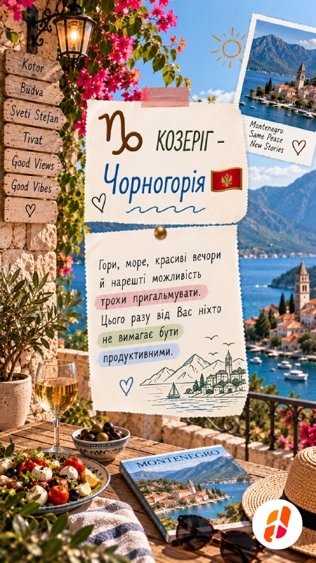 Козеріг — Чорногорія. Гори, море, красиві вечори й нарешті можливість трохи пригальмувати. Цього разу від вас ніхто не вимагає бути продуктивними.