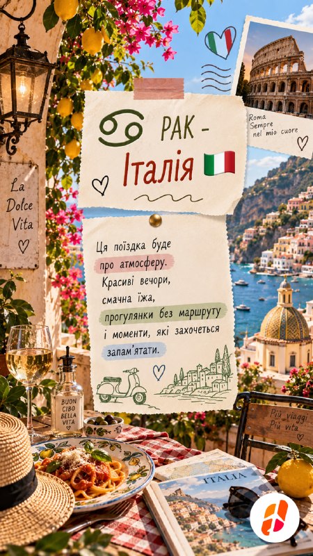 Рак — Італія. Ця поїздка буде про атмосферу. Красиві вечори, смачна їжа, прогулянки без маршруту і моменти, які захочеться запамʼятати.