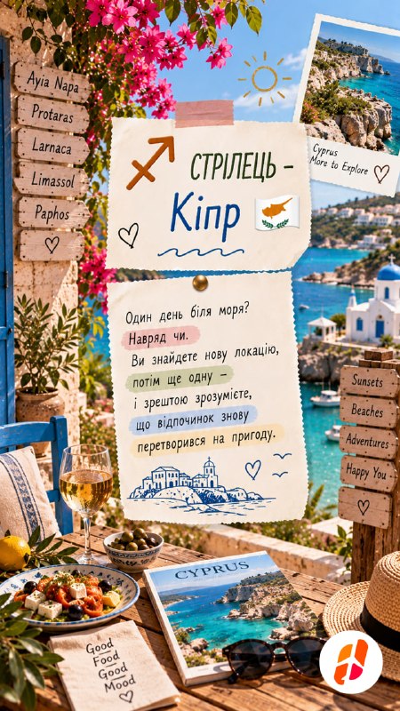 Стрілець — Кіпр. Один день біля моря? Навряд чи. Ви знайдете нову локацію, потім ще одну — і зрештою зрозумієте, що відпочинок знову перетворився на пригоду.