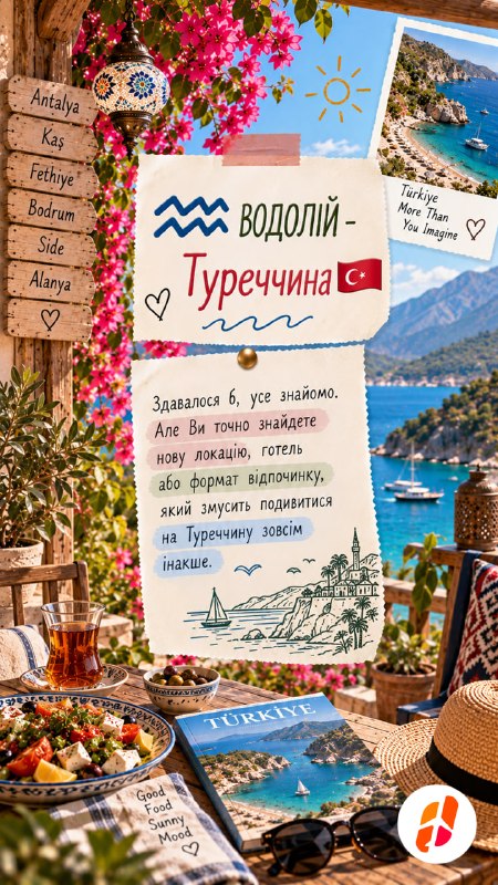 Водолій — Туреччина. Здавалося б, усе знайомо. Але ви точно знайдете нову локацію, готель або формат відпочинку, який змусить подивитися на Туреччину зовсім інакше.