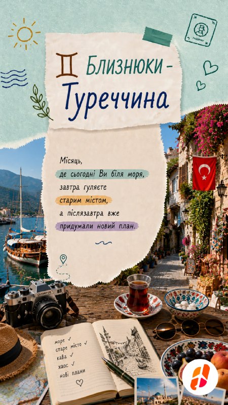 Близнюки — Туреччина. Місяць, де сьогодні ви біля моря, завтра гуляєте старим містом, а післязавтра вже придумали новий план.