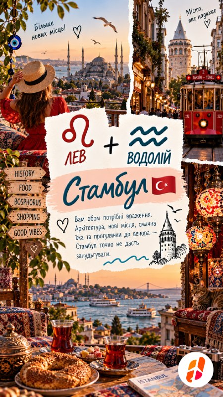 Лев + Водолій — Стамбул. Вам обом потрібні враження. Архітектура, нові місця, смачна їжа та прогулянки до вечора — Стамбул точно не дасть занудьгувати. Більше нових місць! Місто, яке надихає.